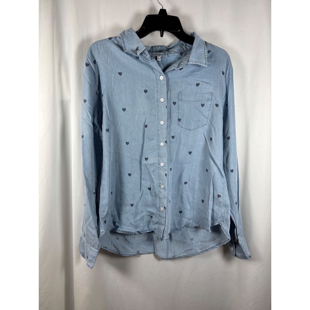 Autumn Skye Womens Heart Print Chambray Button Down Shirt Light Blue L NWT